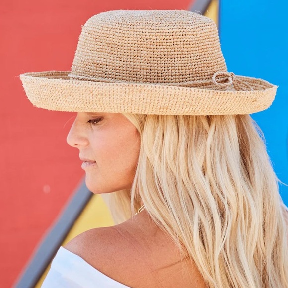 Scala Packable Crocheted Raffia Straw Big Brim Drawstring Hat - Picture 5 of 13